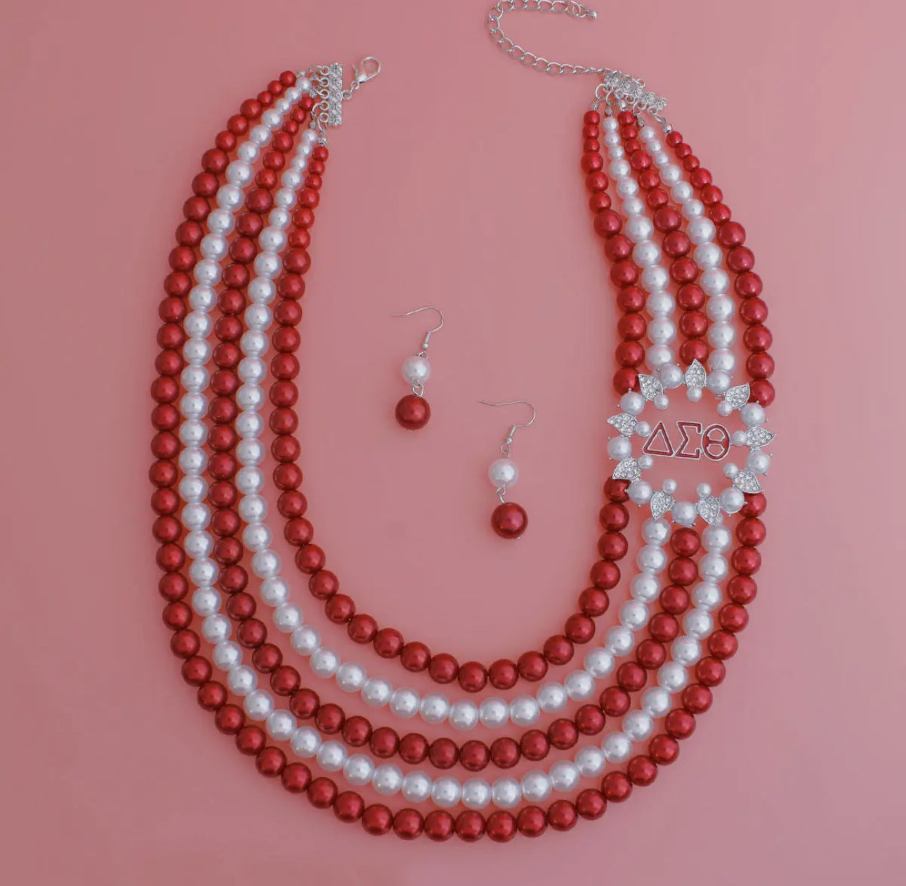 Delta Sigma Theta Inspired Red White Pearl Necklace Earring Set