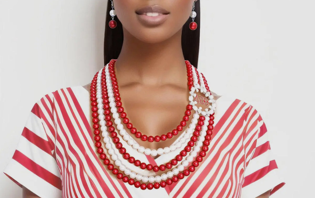 Delta Sigma Theta Inspired Red White Pearl Necklace Earring Set