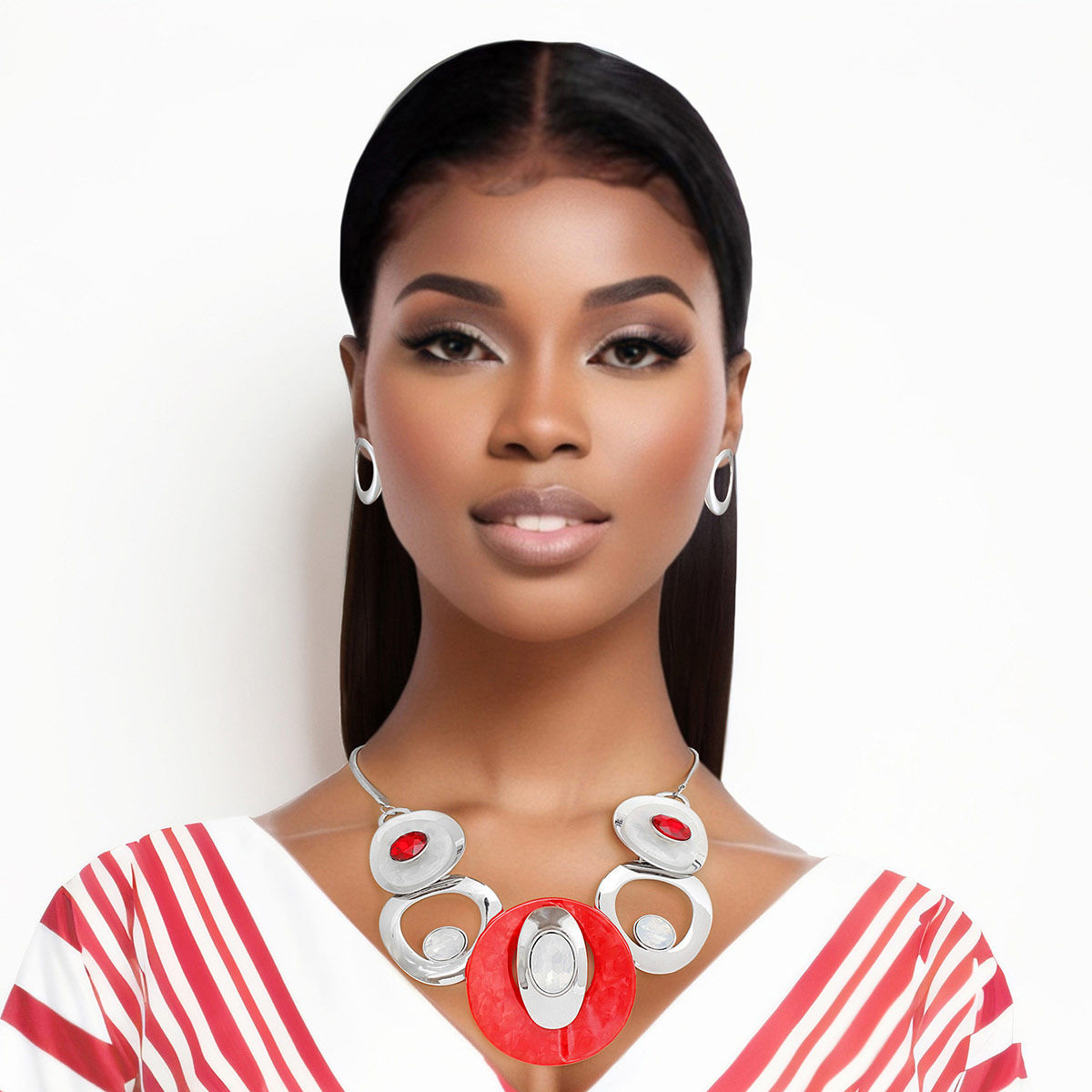 DST Delta Sigma Theta Inspired Red White Circular Bib Necklace for Women