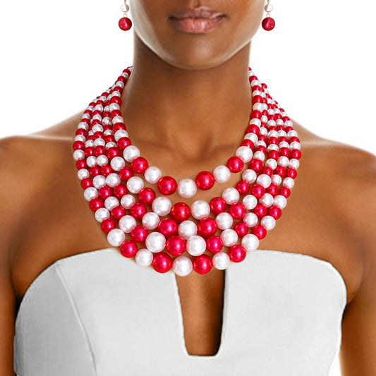 Delta Sigma Theta Red and White Pearl 5 Strand DST Necklace Set|18 inches