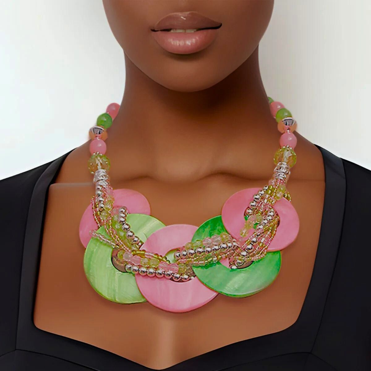 Alpha Kappa Alpha Inspired Necklace Pink and Green Beaded Disc Necklace Set