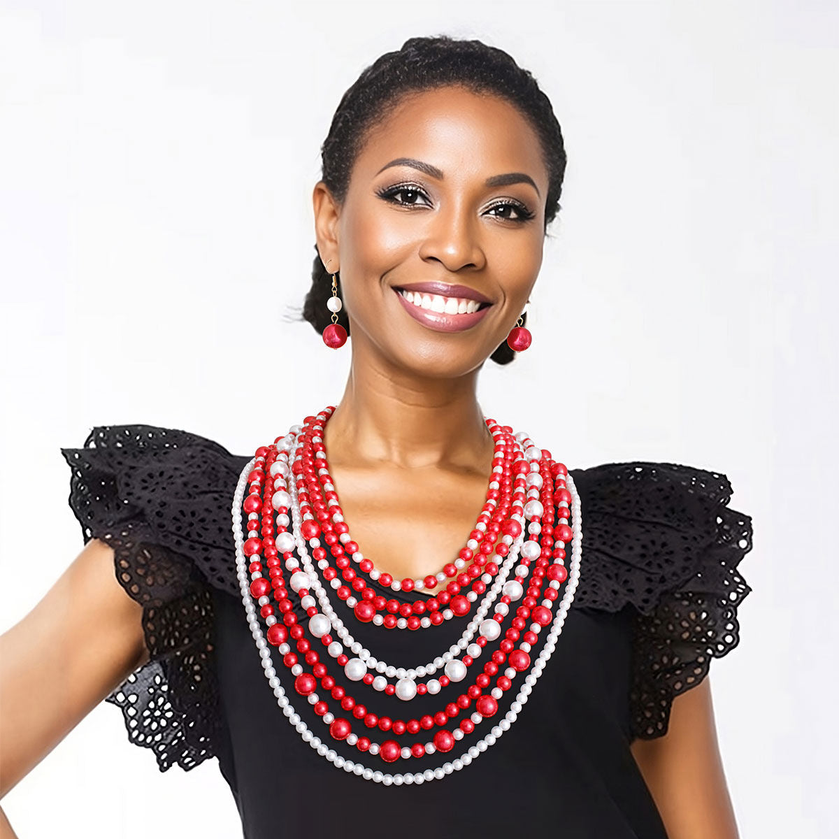 Delta Sigma Theta Red White Pearls 8 Strand DST Necklace Set|20 inches