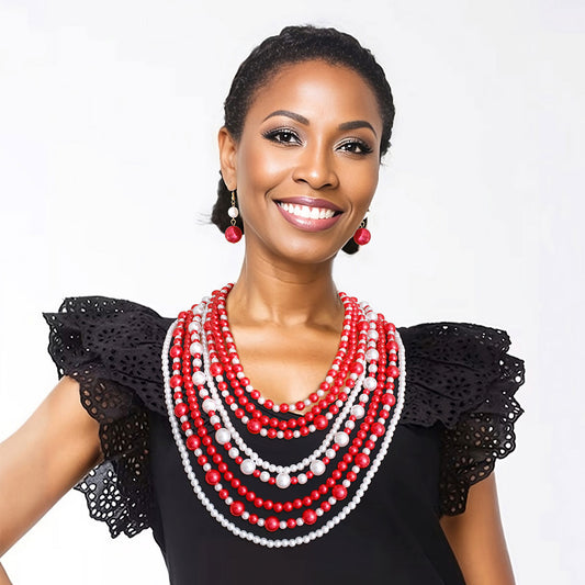 Delta Sigma Theta Red White Pearls 8 Strand DST Necklace Set|20 inches