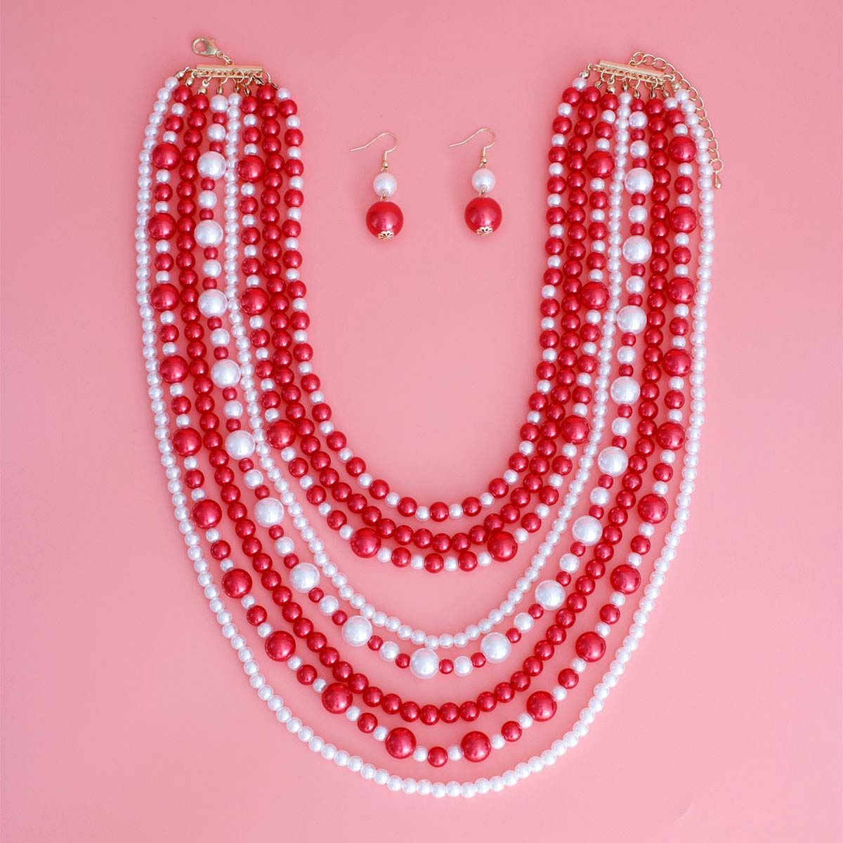 DST Red White Pearls 8 Strand Delta Sigma Theta Necklace Set|20 inches