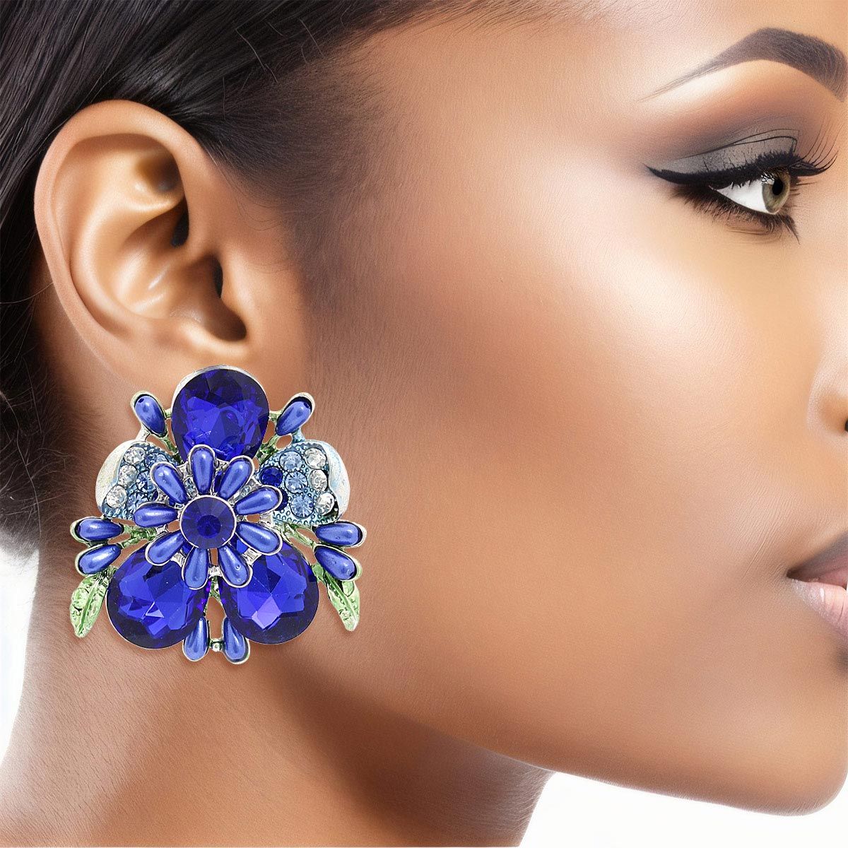 Zeta Phi Beta Inspired Earrings Clip On Royal Blue Flower Bloom Earrings for Women