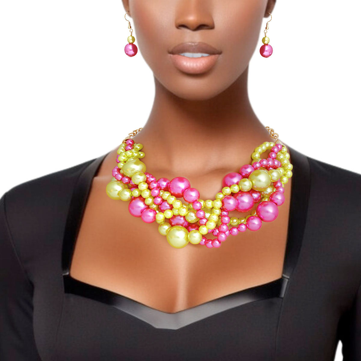 Alpha Kappa Alpha Inspired Pearl Necklace Pink Lime 5 Twisted Set for Women