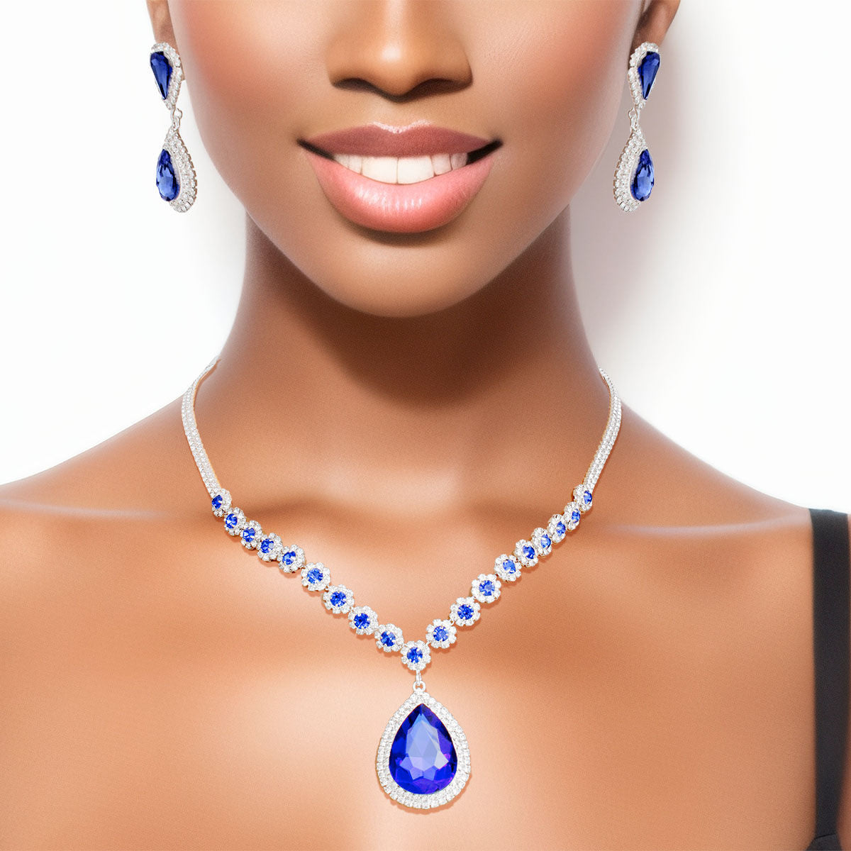 Zeta Phi Beta Inspired Formal Necklace Blue Teardrop Bling Set for Women