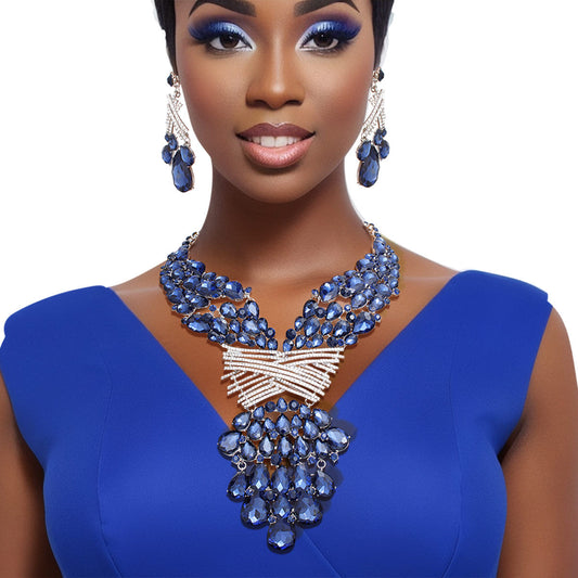 Zeta Phi Beta Inspired Crystal Necklace Navy Jeweled Bib for Women