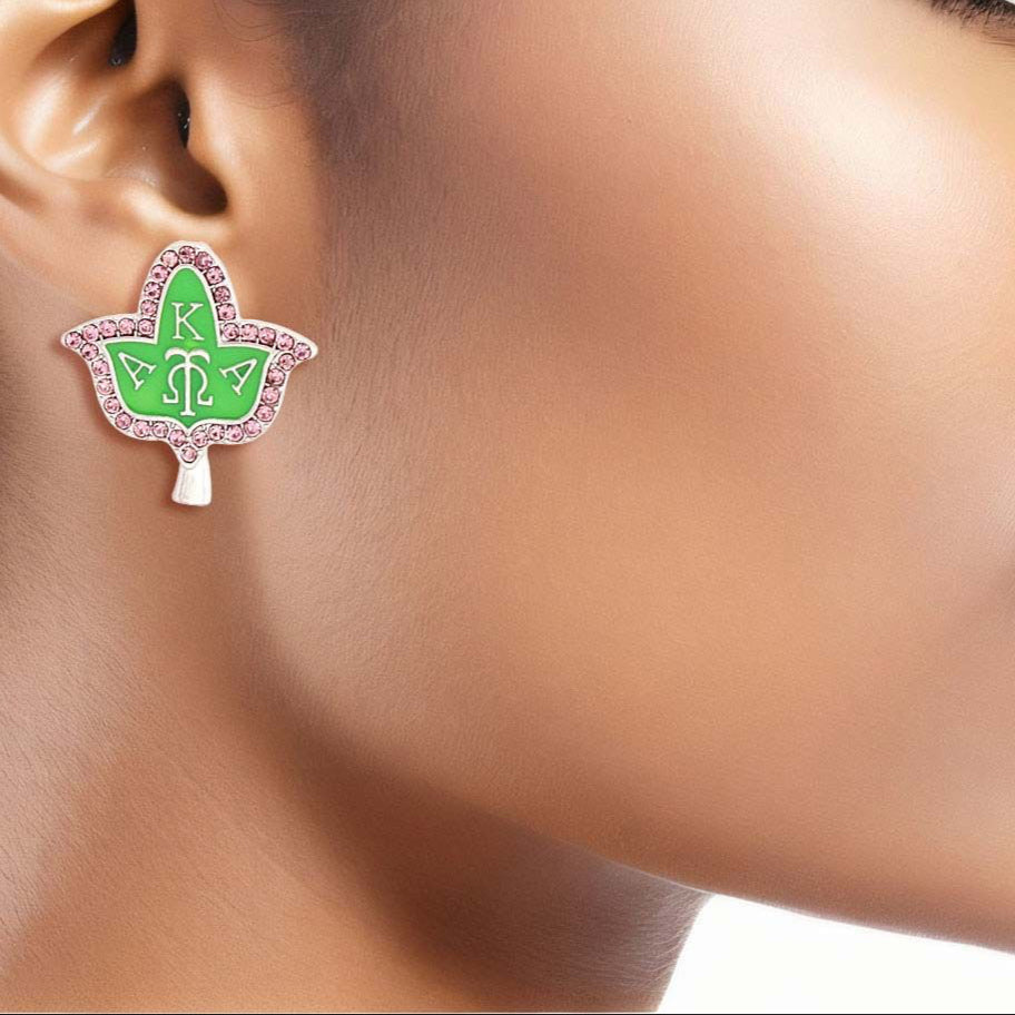 AKA Alpha Kappa Alpha Inspired Pink Green Ivy Leaf Studs Earrings