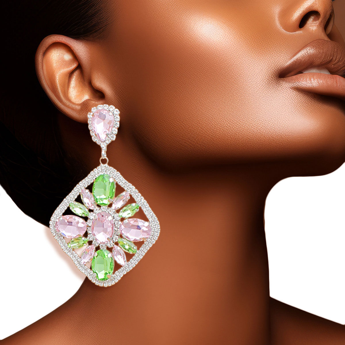 AKA Earrings Alpha Kappa Alpha Light Pink Green Crystal Diamond