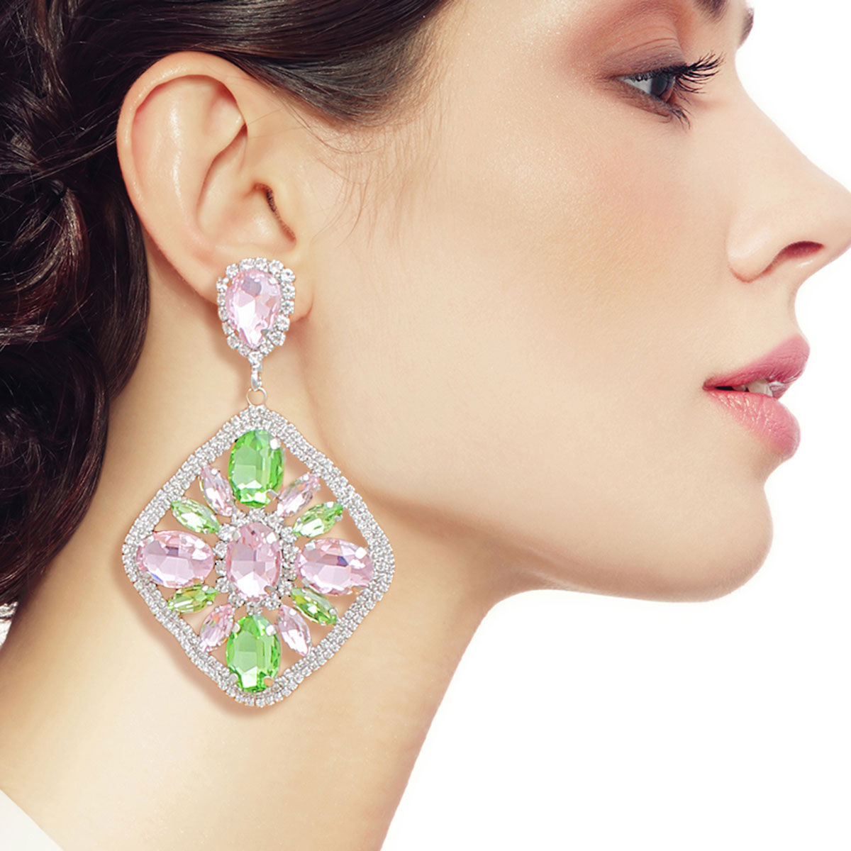 AKA Light Pink Green Earrings Crystal Diamond