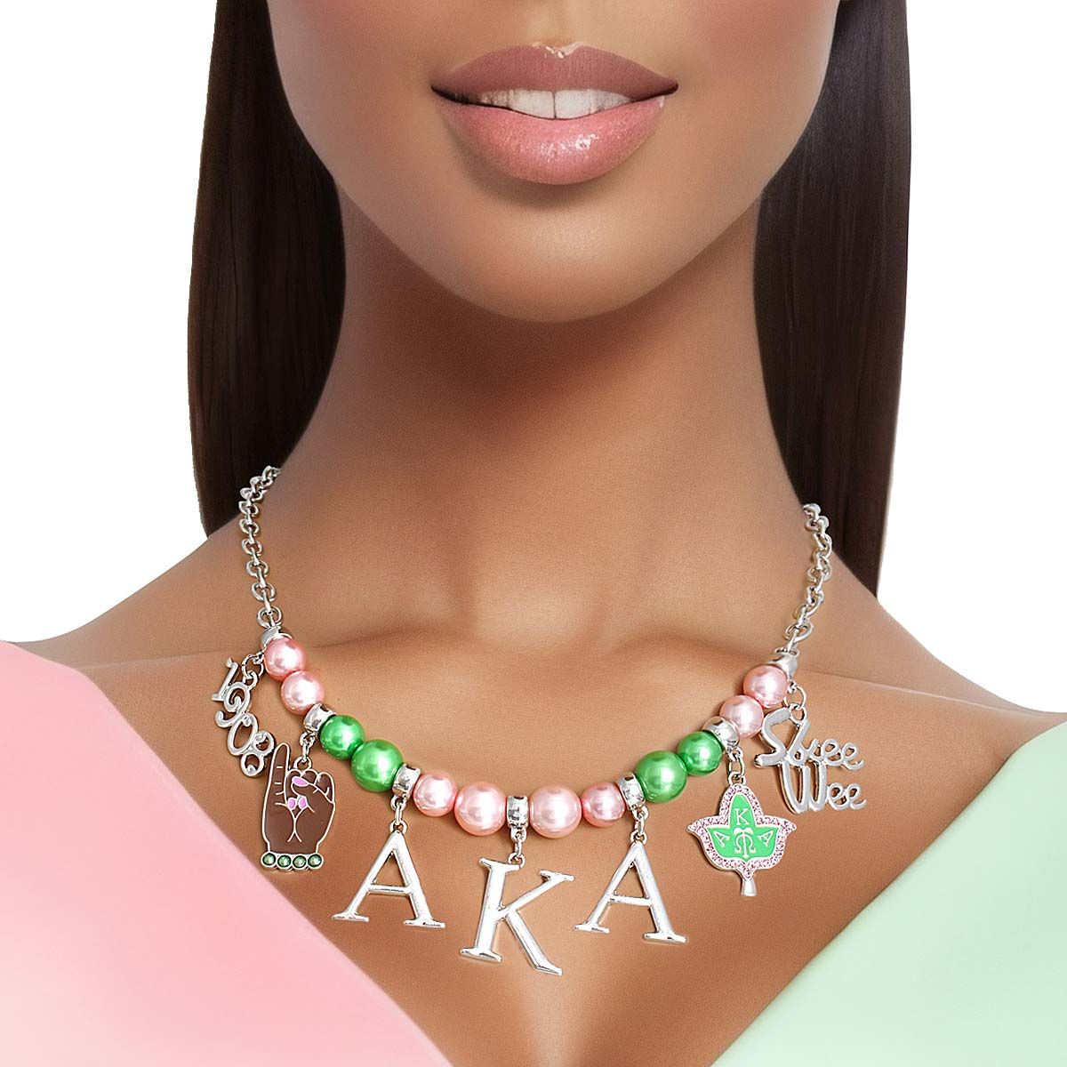 AKA Pink Green Pearl Skee Wee AKA Necklace AKA Pink Green Pearl Skee Wee Alpha Kappa Alpha Necklace