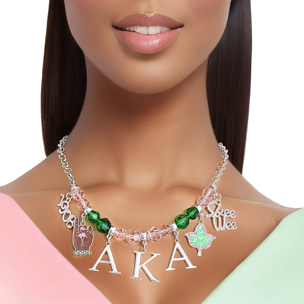 Alpha Kappa Alpha AKA Pink Green Bead Skee Wee AKA Necklace