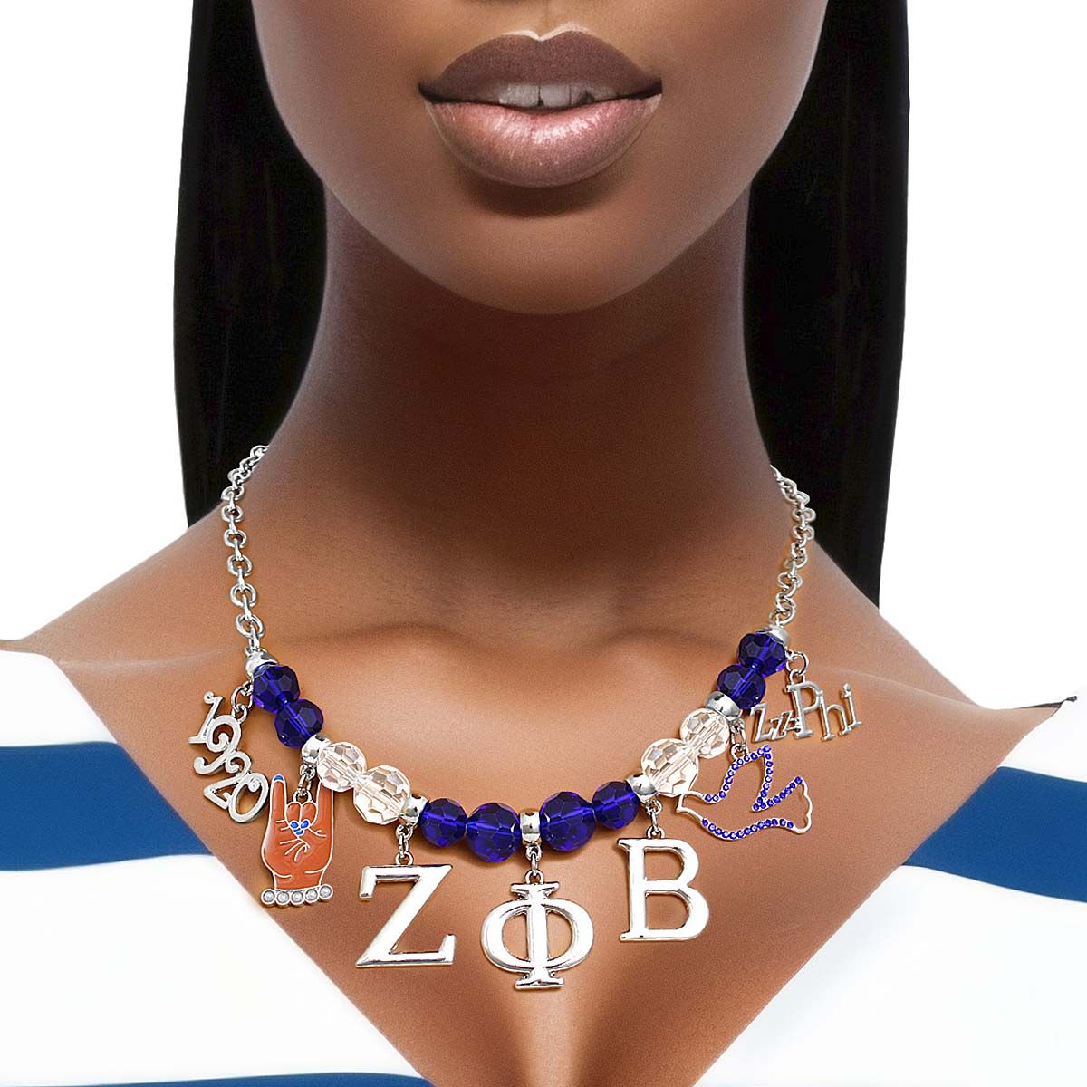 Zeta Phi Beta Inspired Large Blue Clear Bead ZetaNecklace