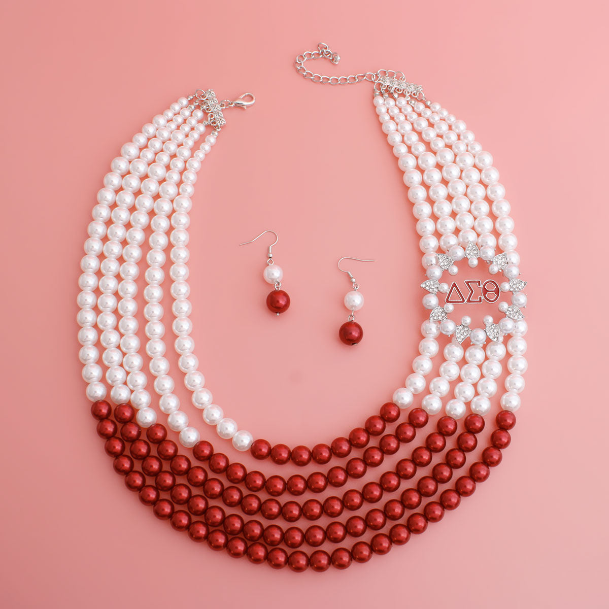 Delta Sigma Theta Mix Red White Pearl Delta Soror Necklace Set