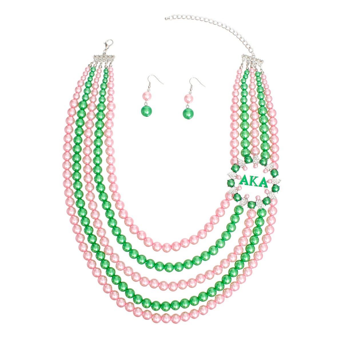 AKA Necklace Pink Green Pearl AKA Set