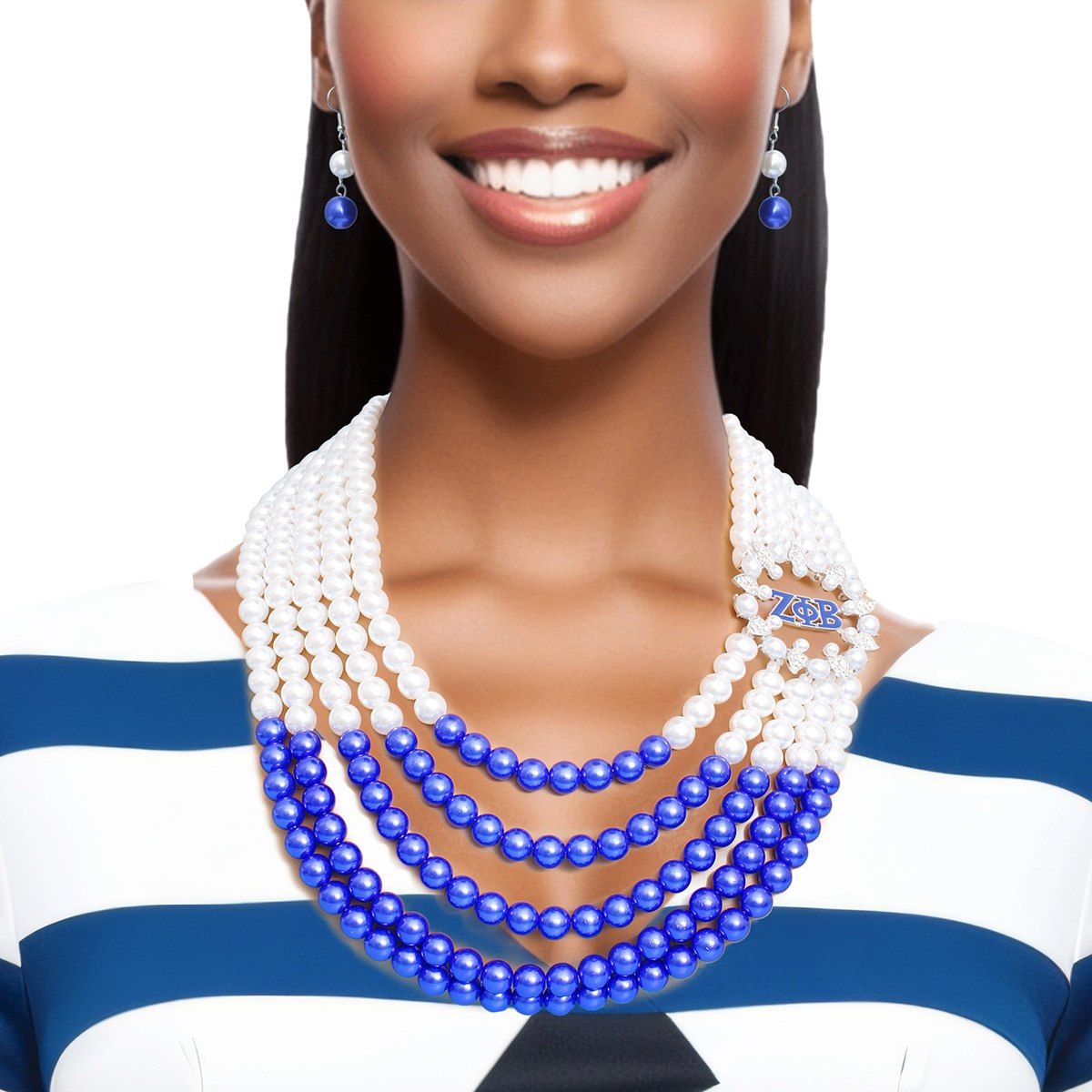 Zeta Phi Beta Pearls Necklace Mix Blue White Pearl ZPB Set for Women