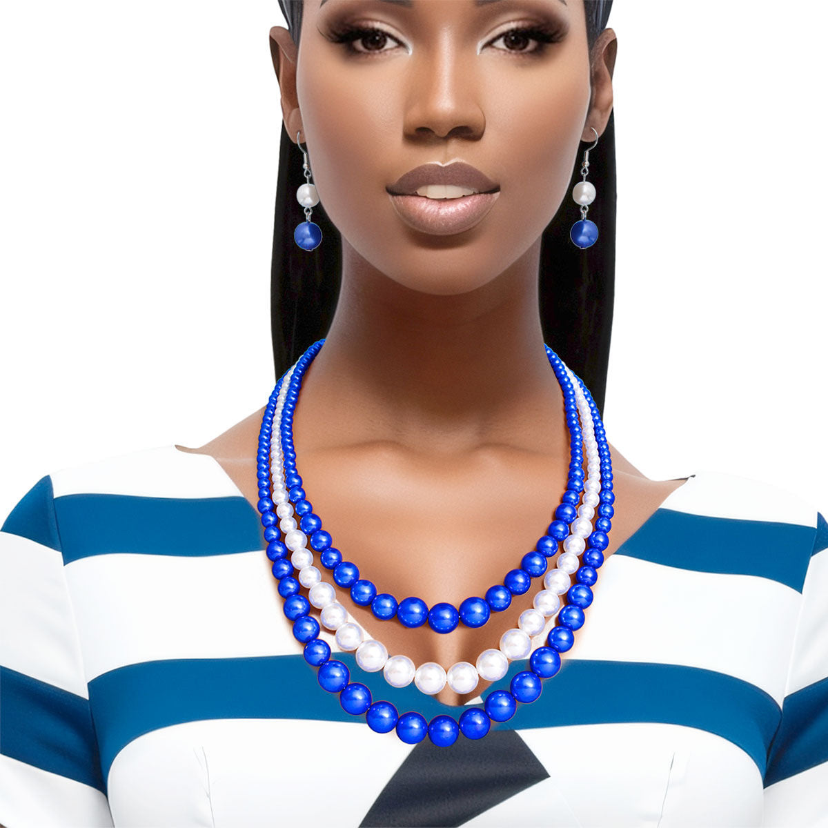 Zeta Phi Beta Inspired Pearl Necklace Blue White 3 Strand for Women