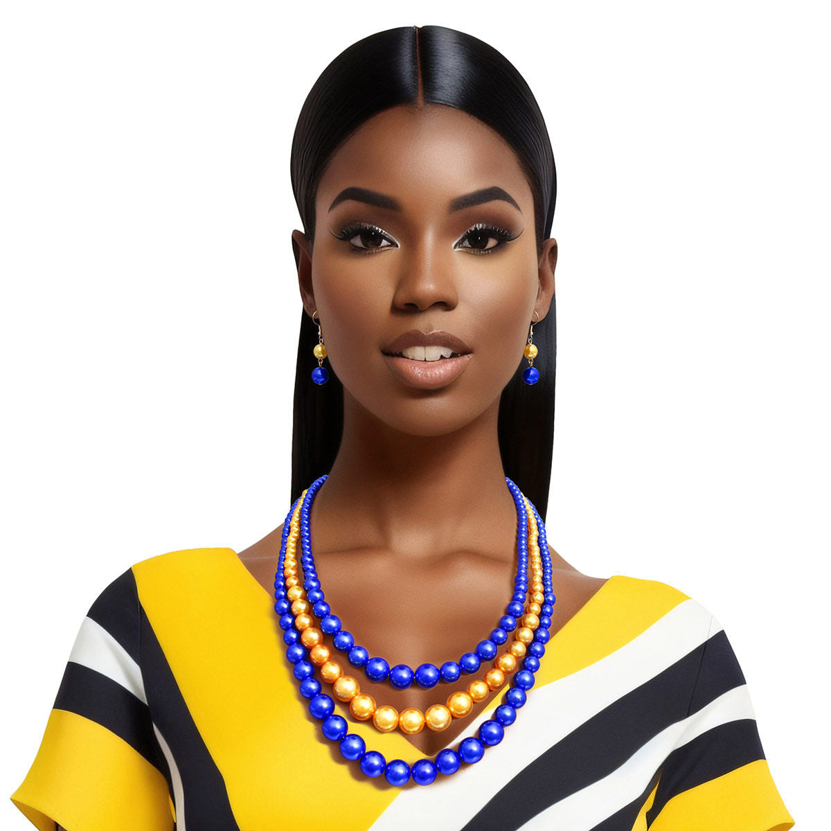 Sigma Gamma Rho Inspired Pearl Necklace Blue Gold 3 Strand for Women