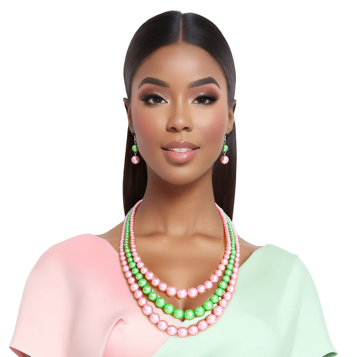 AKA Pearls Alpha Kappa Alpha Necklace Pink and Green 3 Strand