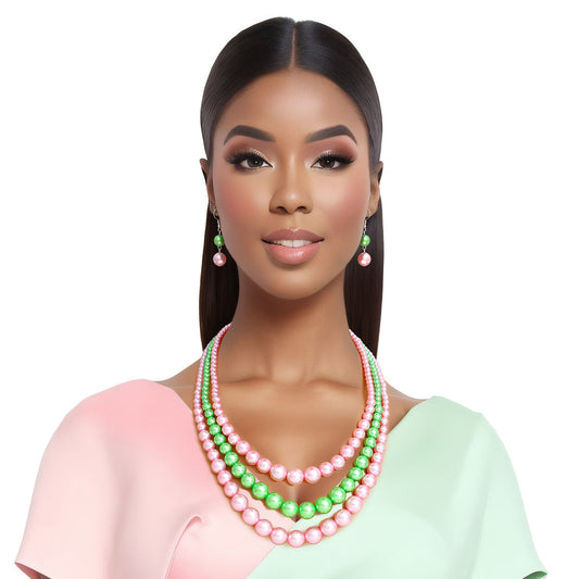 AKA Pearls Alpha Kappa Alpha Necklace Pink and Green 3 Strand