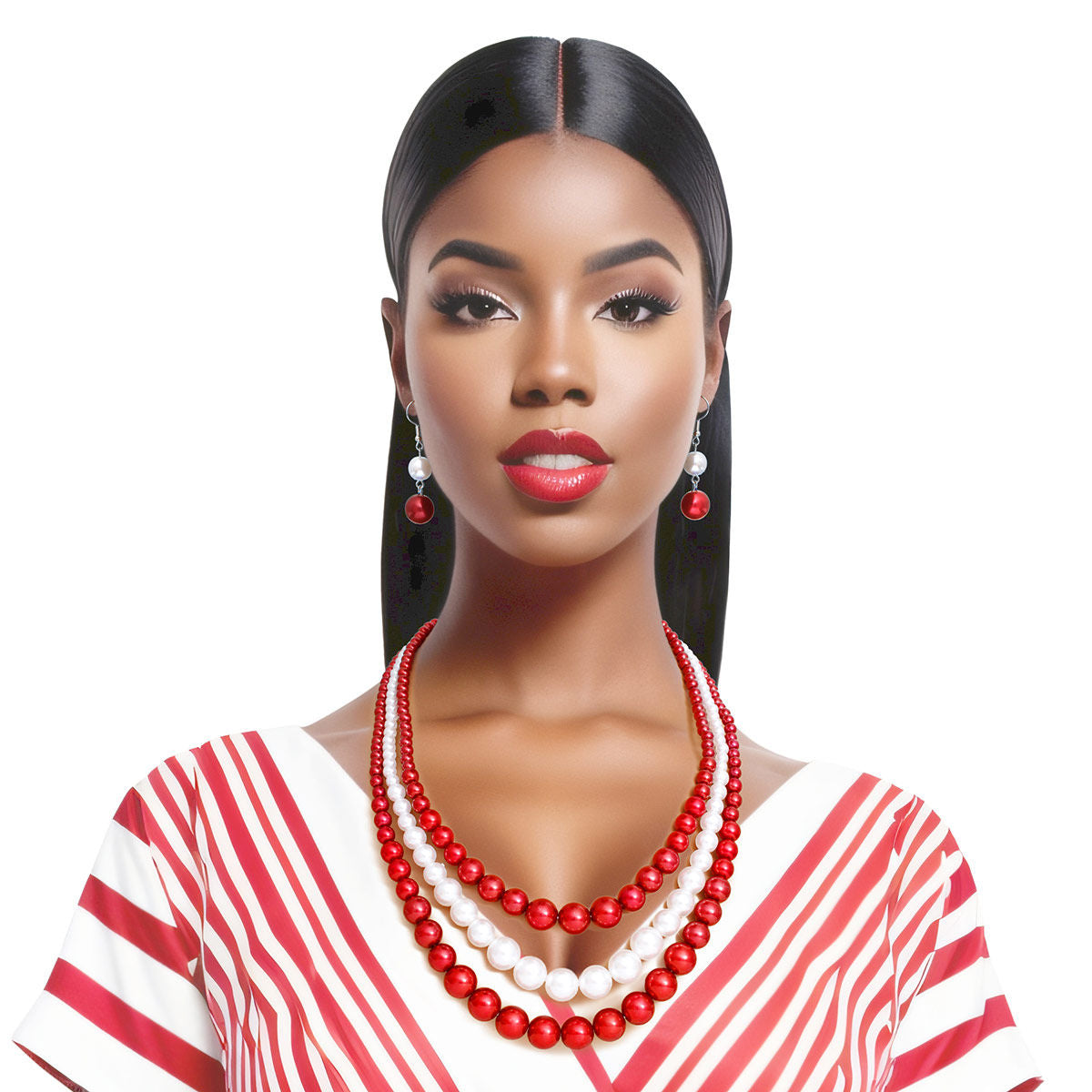 DST Pearl Necklace Red White 3 Strand Set