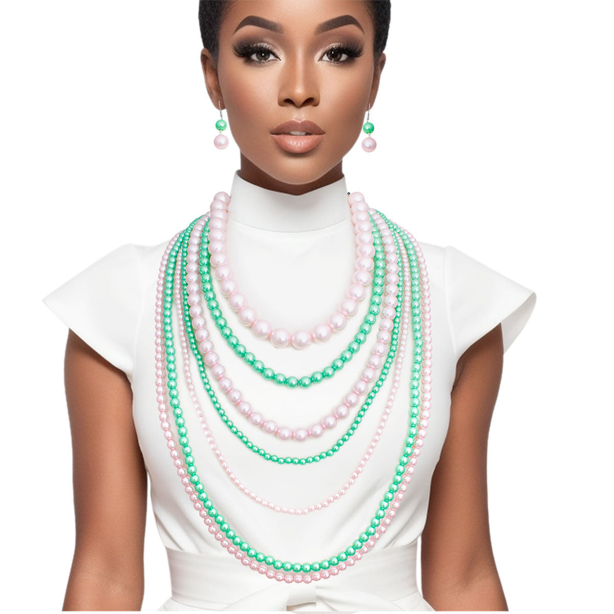 AKA Sorority Pink Green Pearl Long 7 Row Necklace