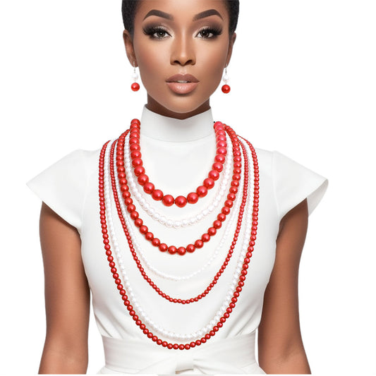 DST Delta Sigma Theta Inspired Sorority Inspired Red White Pearl Long 7 Row Necklace for Delta Sigma Theta