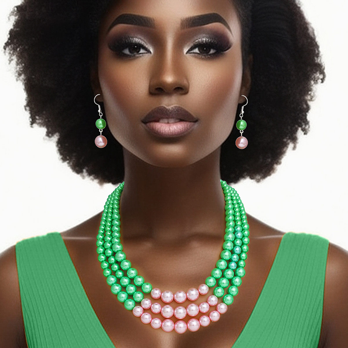 AKA Alpha Kappa Alpha Necklace Pearl Green with Pink Center 3 Strand Set