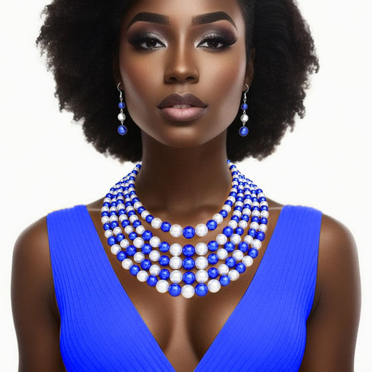 Zeta Phi Beta ZPB Inspired Alternating Blue White Pearl 5 Strand Necklace