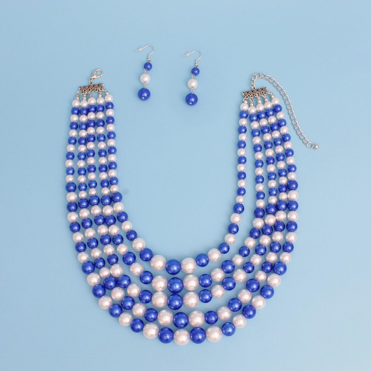 ZPB Alternating Blue White Pearl 5 Strand Necklace