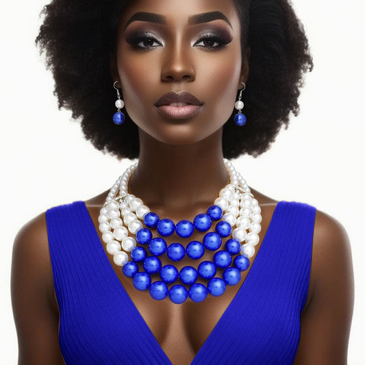 Zeta Phi Beta ZPB Inspired Chunky Blue White Pearl Bib Necklace Set