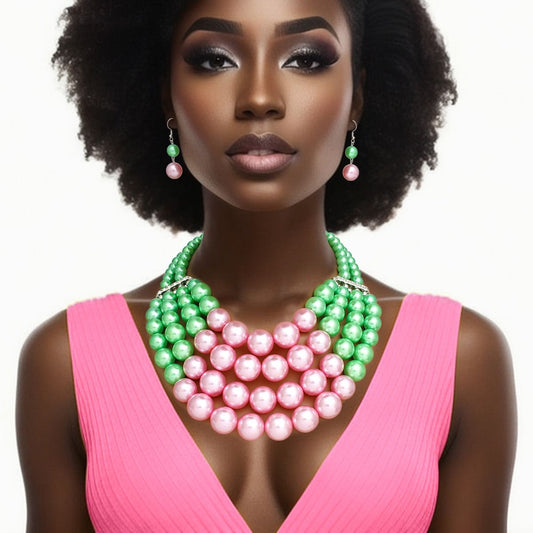 AKA Alpha Kappa Alpha Chunky Necklace Pink Green Pearl Bib Necklace Set