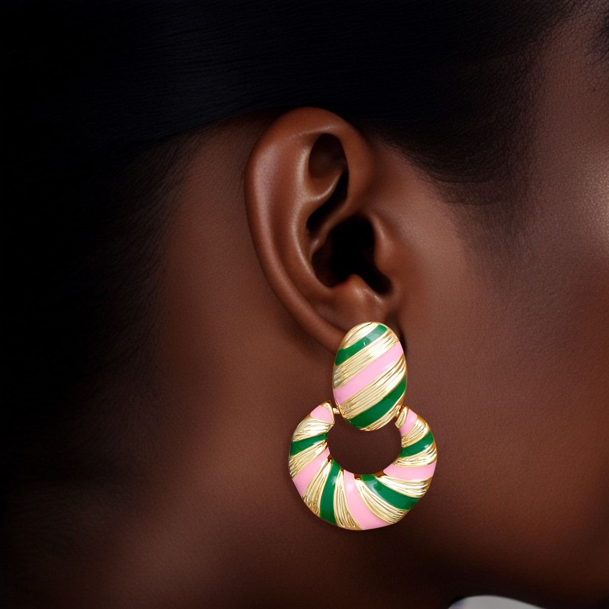 Alpha Kappa Alpha Inspired Drop 14K Gold Pink Green Stripe Twist Earrings