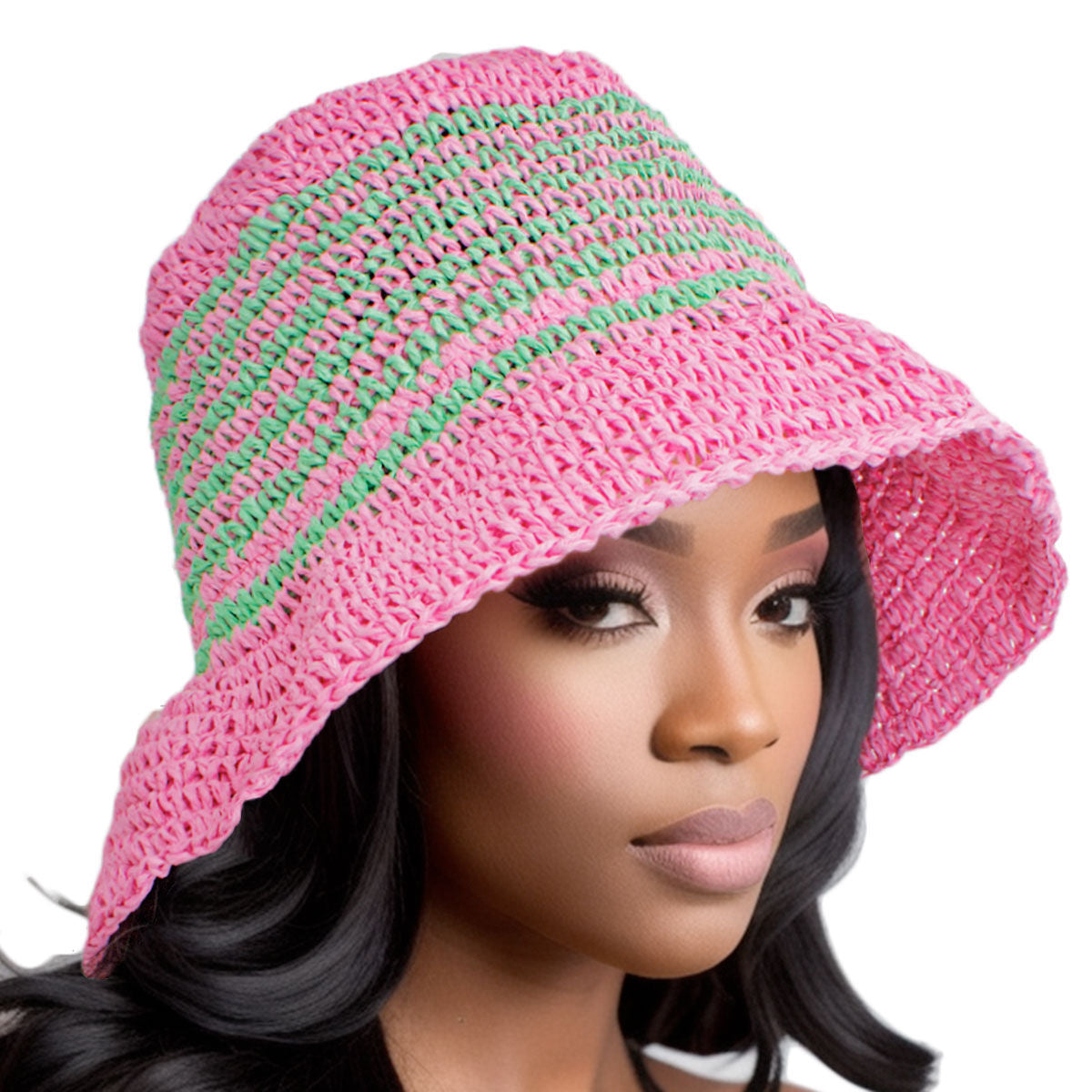 AKA Bucket Hat Alpha Kappa Alpha Pink Green Multi Stripe Straw