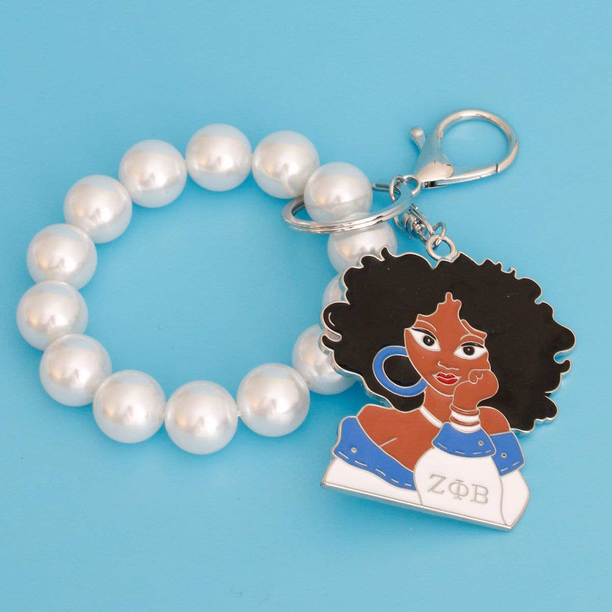 Zeta Phi Beta Blue White Pearl Keychain Purse Charm