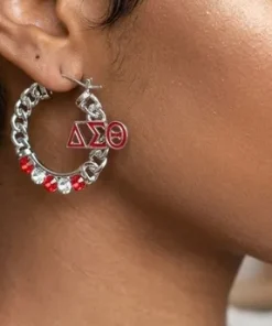 DST Rhinestone Hoop Earrings – silver chain link hoops with crimson red enamel DST letters and red and clear rhinestones