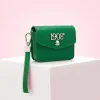 Green AKA earbud case with silver 1908 emblem and swivel clip