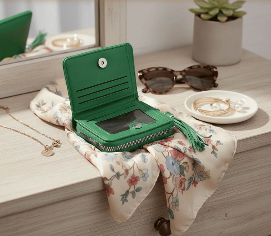 AKA Green Wallet With Tassel Keychain and Zipper - Image 3
