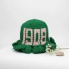 Green AKA Crochet Bucket Hat – Ruffle Brim With Pink 1908 Detail - Image 3