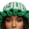 Green AKA Crochet Bucket Hat – Ruffle Brim With Pink 1908 Detail - Image 2