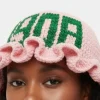Pink AKA Crochet Bucket Hat – Ruffle Brim With Green 1908 Detail - Image 3