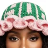 Pink AKA Crochet Bucket Hat – Ruffle Brim With Green 1908 Detail - Image 2