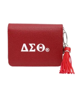 DST keychain wallet in dark red faux leather with white DST letters, tassel, and 1913 Fortitude charm