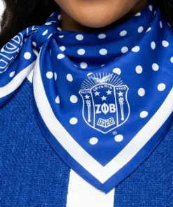Zeta Phi Beta polka dot scarf in blue and white with ZPB Greek letters
