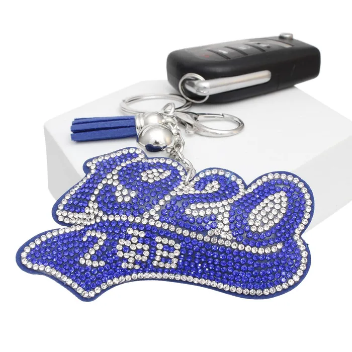 ZPB 1920 keychain with blue and clear rhinestone padded charm and mini blue tassel