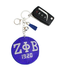 Alternative view of Zeta Phi Beta Rhinestone Keychain – Blue Padded ZPB Bag Charm With Tassel