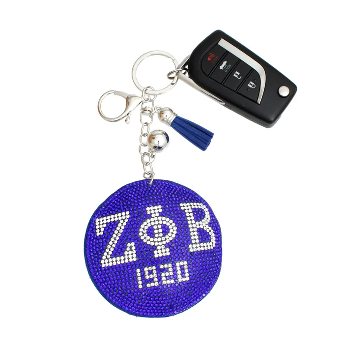 Zeta Phi Beta Rhinestone Keychain – Blue Padded ZPB Bag Charm With Tassel - Image 2