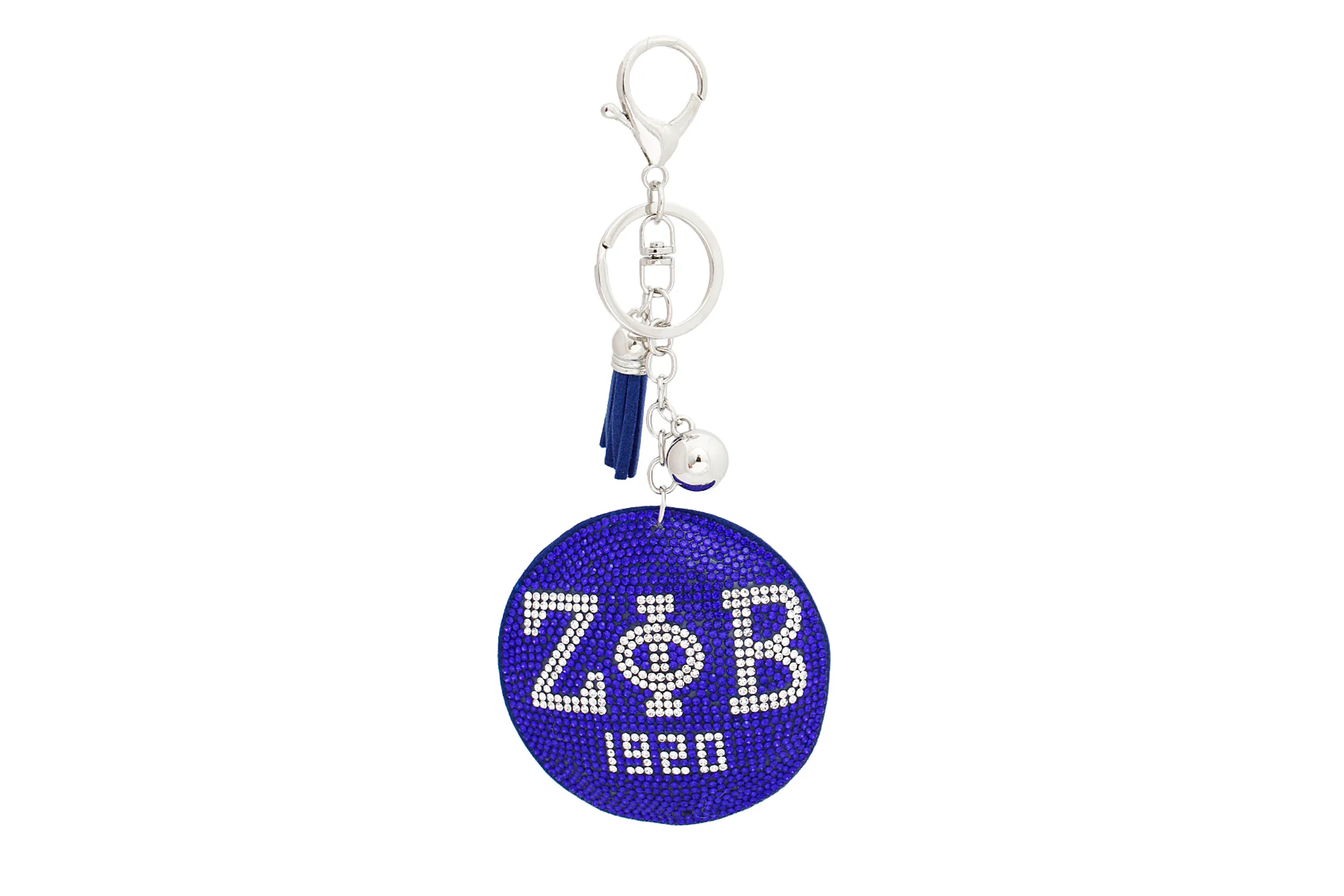 Zeta Phi Beta rhinestone keychain with blue padded charm and tassel