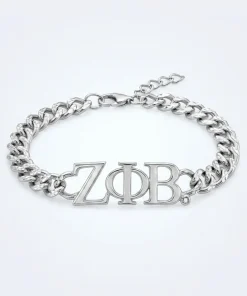 Zeta Phi Beta Greek letter bracelet with silver ZPB letters in curb chain